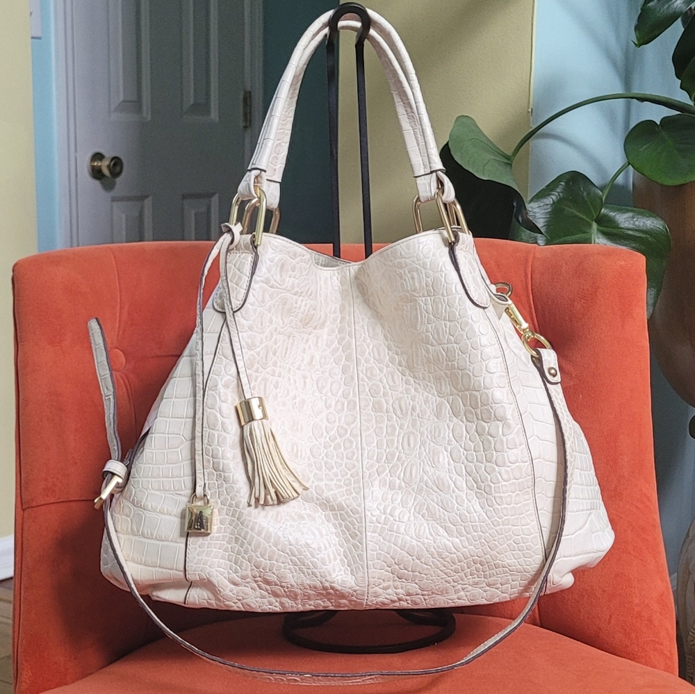 G.I.L.I White Ivory and Cream Embossed Croc Leather Large Bag